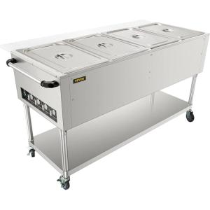 VEVOR 5-Pan Commercial Food Warmer, 5 x 20.6QT Electric Steam Table, 3750W Professional Buffet Catering Food Warmer with 4 Wheels (2 Lockable), Food Grade Stainless Steel Server for Party Restaurant(4 Well)