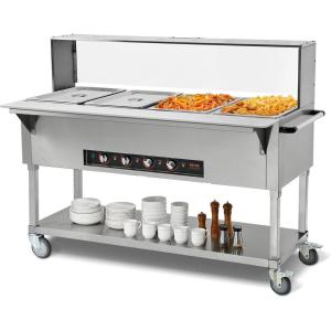VEVOR 5-Pan Commercial Food Warmer, 5 x 20.6QT Electric Steam Table, 3750W Professional Buffet Catering Food Warmer with Acrylic Sneeze Guard, Food Grade Stainless Steel Server for Party Restaurant(4 Pot with Guard)