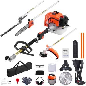 VEVOR 5-in-1 26cc 2 Cycle Gas Powered Dual Sided Hedge Trimmer, Weed Eater, String Trimmer, Edger, Pole Saw Chainsaw Pruner with EPA, CE and EMC Certification(63cc 5-in-1 Gas Hedge Trimmer  Weed Eater  String Trimmer  3T&40T Brush Cutter  Pole Saw Chainsaw Pruner)