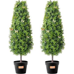VEVOR Artificial Boxwood Topiary Tree, 36 inch Tall (2 Pieces), Double Ball Faux Topiary Trees, Faux Plant w/Extra Leaves & Pot & Small Decoration, UV Rated Set for Home Decor Indoor/Outdoor(Tower-shaped)