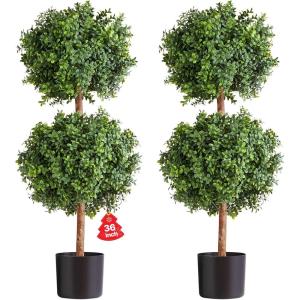 VEVOR Artificial Boxwood Topiary Tree, 36 inch Tall (2 Pieces), Double Ball Faux Topiary Trees, Faux Plant w/Extra Leaves & Pot & Small Decoration, UV Rated Set for Home Decor Indoor/Outdoor(Double Ball New)