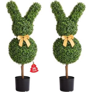 VEVOR Artificial Boxwood Topiary Tree, 36 inch Tall (2 Pieces), Double Ball Faux Topiary Trees, Faux Plant w/Extra Leaves & Pot & Small Decoration, UV Rated Set for Home Decor Indoor/Outdoor(Bunny)