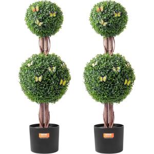 VEVOR Artificial Boxwood Topiary Tree, 36 inch Tall (2 Pieces), Double Ball Faux Topiary Trees, Faux Plant w/Extra Leaves & Pot & Small Decoration, UV Rated Set for Home Decor Indoor/Outdoor(2-tier)