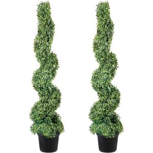 VEVOR Artificial Boxwood Topiary Tree, 60 inch Tall (2 Pieces), Spiral Faux Topiary Trees, Faux Plant w/Extra Leaves & Pot & Small Decoration, UV Rated Greenery Set for Home Decor Indoor/Outdoor(4ft)