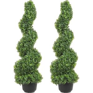 VEVOR Artificial Boxwood Topiary Tree, 60 inch Tall (2 Pieces), Spiral Faux Topiary Trees, Faux Plant w/Extra Leaves & Pot & Small Decoration, UV Rated Greenery Set for Home Decor Indoor/Outdoor(3ft)
