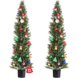 VEVOR Artificial Topiary Cedar Tree, 60 inch Tall (2 Pieces), with Extra Leaves & Pot Faux Evergreen Fake Pine Cypress Trees Plant, UV Rated Artificial Greenery Set for Home Decor Indoor/Outdoor(5FT)