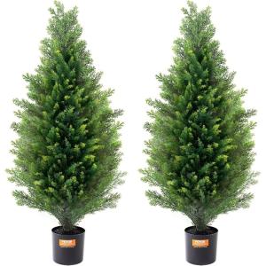VEVOR Artificial Topiary Cedar Tree, 60 inch Tall (2 Pieces), with Extra Leaves & Pot Faux Evergreen Fake Pine Cypress Trees Plant, UV Rated Artificial Greenery Set for Home Decor Indoor/Outdoor(3ft)