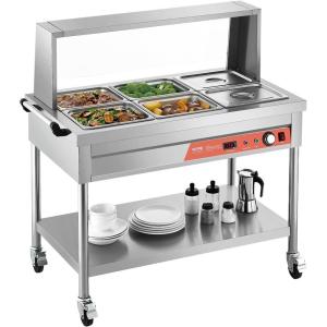 VEVOR Commercial Food Warmer, 7 Pans + 2 Pots Electric Steam Table, 1800W Professional Buffet Catering Food Warmer with Shield Undershelf Wheels, Stainless Steel Server for Party Restaurant Hotel(6*1/2 Pans)