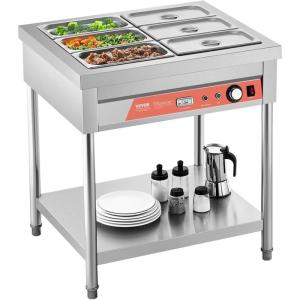 VEVOR Commercial Food Warmer, 7 Pans + 2 Pots Electric Steam Table, 1800W Professional Buffet Catering Food Warmer with Shield Undershelf Wheels, Stainless Steel Server for Party Restaurant Hotel(6-Pan)