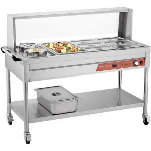VEVOR Commercial Food Warmer, 7 Pans + 2 Pots Electric Steam Table, 1800W Professional Buffet Catering Food Warmer with Shield Undershelf Wheels, Stainless Steel Server for Party Restaurant Hotel(7 Pans + 2 Pots Large)
