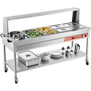 VEVOR Commercial Food Warmer, 7 Pans + 2 Pots Electric Steam Table, 1800W Professional Buffet Catering Food Warmer with Shield Undershelf Wheels, Stainless Steel Server for Party Restaurant Hotel(7 Pans + 2 Pots)