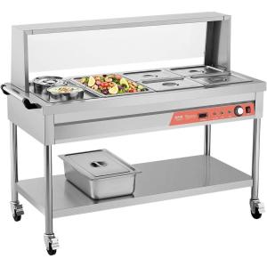 VEVOR Commercial Food Warmer, 7 Pans + 2 Pots Electric Steam Table, 1800W Professional Buffet Catering Food Warmer with Shield Undershelf Wheels, Stainless Steel Server for Party Restaurant Hotel(5 Pans + 2 Pots)