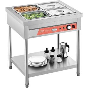 VEVOR Commercial Food Warmer, 7 Pans + 2 Pots Electric Steam Table, 1800W Professional Buffet Catering Food Warmer with Shield Undershelf Wheels, Stainless Steel Server for Party Restaurant Hotel(4-Pan)