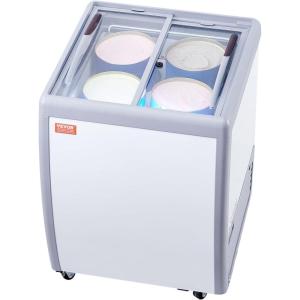 VEVOR Commercial Ice Cream Display Case, 12.8 Cu.ft Chest Freezer, Mobile Glass Top Deep Freezer, Restaurant Gelato Dipping Cabinet with 4 Wire Baskets, 2 Sliding Glass Doosr, Locking Casters, White(5.6 Cu.ft)