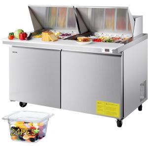 VEVOR Commercial Refrigerator, 48″ Worktop Undercounter Refrigerator, 12.85 Cu. Ft Thick Stainless Steel Refrigerated Food Prep Station, 2 Door Worktop Fridge with lock for Restaurant, Bar, Diner(60″W with 24 Pans)