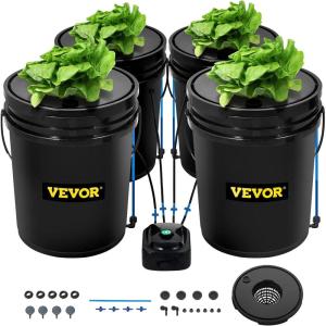 VEVOR DWC Hydroponic System, 5 Gallon 5 Buckets, Deep Water Culture Growing Bucket, Hydroponics Grow Kit with Pump, Air Stone and Connected Reservoir, for Indoor/Outdoor Leafy Vegetables(4 Buckets)