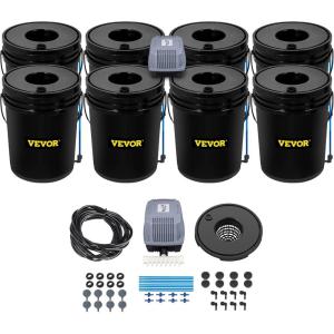 VEVOR DWC Hydroponic System, 5 Gallon 5 Buckets, Deep Water Culture Growing Bucket, Hydroponics Grow Kit with Pump, Air Stone and Connected Reservoir, for Indoor/Outdoor Leafy Vegetables(8 Buckets)