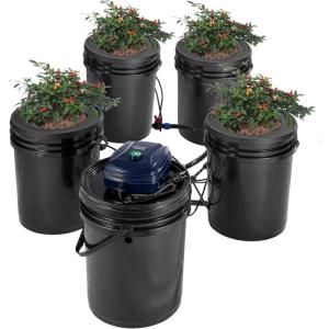 VEVOR DWC Hydroponic System, 5 Gallon 5 Buckets, Deep Water Culture Growing Bucket, Hydroponics Grow Kit with Pump, Air Stone and Connected Reservoir, for Indoor/Outdoor Leafy Vegetables(4 Buckets+1 Reservoir)