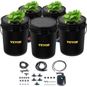 VEVOR DWC Hydroponic System, 5 Gallon 5 Buckets, Deep Water Culture Growing Bucket, Hydroponics Grow Kit with Pump, Air Stone and Connected Reservoir, for Indoor/Outdoor Leafy Vegetables(5 Buckets)