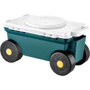 VEVOR Garden Cart Rolling Workseat with Wheels, Gardening Stool for Planting, 360 Degree Swivel Seat, Wagon Scooter with Steering Handle & Utility Tool Tray, Use for Patio, Yard, and Outdoors, Blue(Green & White)