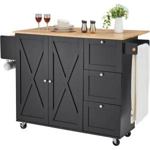 VEVOR Kitchen Island Cart, 45.3×39 inch Rolling Kitchen Table, Mobile Carts with Storage Cabinet and Solid Wood Top, Portable Islands with Wheels, Spice Rack, Towel Rack, Drop Leaf and Drawer, White(45.3″ W Drop Leaf Black)