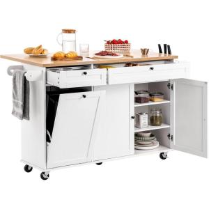 VEVOR Kitchen Island Cart, 45.3×39 inch Rolling Kitchen Table, Mobile Carts with Storage Cabinet and Solid Wood Top, Portable Islands with Wheels, Spice Rack, Towel Rack, Drop Leaf and Drawer, White(60.24″D x 27.56″W x 35.43″H)
