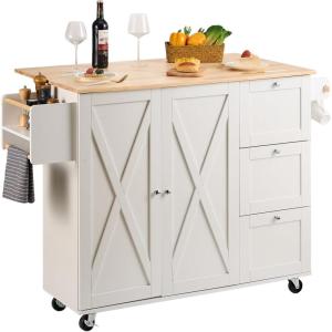 VEVOR Kitchen Island Cart, 45.3×39 inch Rolling Kitchen Table, Mobile Carts with Storage Cabinet and Solid Wood Top, Portable Islands with Wheels, Spice Rack, Towel Rack, Drop Leaf and Drawer, White(45.3″ W Drop Leaf White)