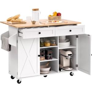 VEVOR Kitchen Island Cart, 45.3×39 inch Rolling Kitchen Table, Mobile Carts with Storage Cabinet and Solid Wood Top, Portable Islands with Wheels, Spice Rack, Towel Rack, Drop Leaf and Drawer, White(51.97″D x 29.45″W x 35.28″H)