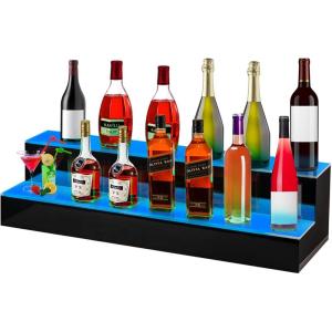 VEVOR LED Lighted Liquor Bottle Display, 3 Tiers 40 Inches, Supports USB, Illuminated Home Bar Shelf with RF Remote & App Control 7 Static Colors 1-4 H Timing, Acrylic Lighted Shelf for 30 Bottles(2-Step 40 inch)