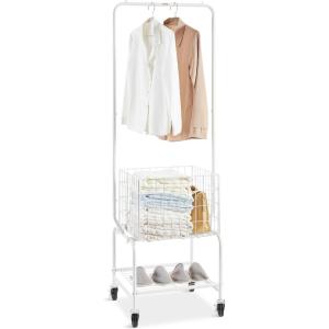 VEVOR Metal Rolling Laundry Basket with Hanging Garment Rack, Laundry Hamper Cart Adjustable Height with Basket Load and Shelf Load, Storage Organizer with Heavy Duty Lockable Wheels(White)