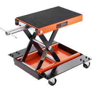 VEVOR Motorcycle Lift, 1100 LBS Motorcycle Lift ATV Scissor Lift Jack with Dolly & Hand Crank, Center Hoist Crank Stand with Wide Deck & Tool Tray for Street Bikes, Cruiser Bikes, Touring Motorcycles(with casters)