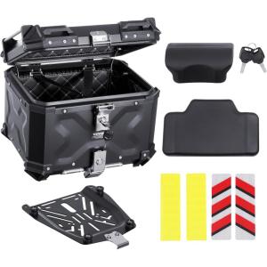 VEVOR Motorcycle Top Case 65L, Universal Aluminum Alloy Motorbike Tail Box with Leather Lining, Waterproof Detachable Motorcycle Top Box with Lock & Back Cushion, Fit for 99% of Motorcycle Frames(45 L)