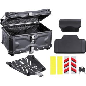 VEVOR Motorcycle Top Case 65L, Universal Aluminum Alloy Motorbike Tail Box with Leather Lining, Waterproof Detachable Motorcycle Top Box with Lock & Back Cushion, Fit for 99% of Motorcycle Frames(65 L)