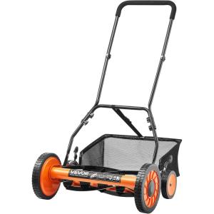 VEVOR Push Reel Lawn Mower 16 inch, 5 Blades Manual Push Mower No Motor, 0.6-1.75 in Adjustable Cutting Height, Walk-Behind Lawn Mowers with Grass Catcher Bag for Green Lawns, Driveways, Courtyards(18 inch)