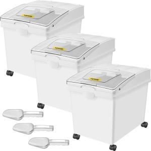 VEVOR Rice Storage Container, 4.5Gallon/20L x2 Capacity Large Dog Food Dispenser Bin, Kitchen Ingredient Grain Cereal Flour Bin, Pet food Containers with Wheels, 2 Measuring Cups, Airtight Lid, 2 Pack(10.5 Gallon (3 Set))