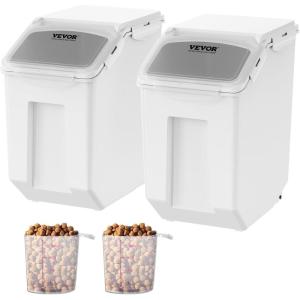 VEVOR Rice Storage Container, 4.5Gallon/20L x2 Capacity Large Dog Food Dispenser Bin, Kitchen Ingredient Grain Cereal Flour Bin, Pet food Containers with Wheels, 2 Measuring Cups, Airtight Lid, 2 Pack(3.5 Gallon*2)
