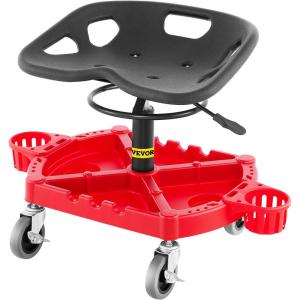 VEVOR Rolling Garage Stool, 300LBS Capacity, Adjustable Height from 18 in to 23 in, 360-degree Swivel Wheels (4″), Large Tool Tray with Two Bottle Holder, for Workshop, Auto Repair Shop, Red(Red)