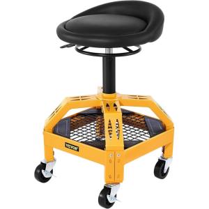 VEVOR Rolling Garage Stool, 300LBS Capacity, Adjustable Height from 18 in to 23 in, 360-degree Swivel Wheels (4″), Large Tool Tray with Two Bottle Holder, for Workshop, Auto Repair Shop, Red(Rolling Garage Stool)