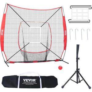VEVOR Softball Practice Net, Portable Baseball Training Net for Hitting, Batting, Catching, Pitching – Backstop Equipment with Bow Frame, Carry Bag, Strike Zone, Batting Tee(7X7FT Set 1)