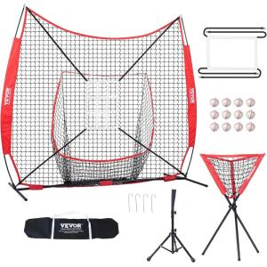 VEVOR Softball Practice Net, Portable Baseball Training Net for Hitting, Batting, Catching, Pitching – Backstop Equipment with Bow Frame, Carry Bag, Strike Zone, Batting Tee(7X7FT Set 3)