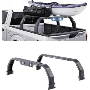 VEVOR Truck Rack, 19-34inch Extendable Truck Ladder Rack, 38.6″-43.6″ Adjustable Height, 250 lbs Capacity Steel Ladder Rack for Truck, Heavy Duty Truck Bed Rack for Kayak, Surfboard, Lumber, Ladder(Ladder rack with light)