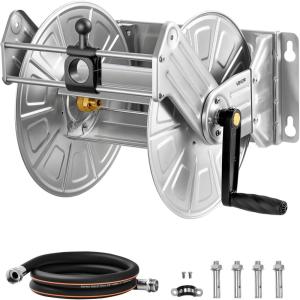 VEVOR Wall Mounted Garden Hose Reel, Holds 125 ft 5/8-inch Hose, Heavy-Duty Water Hose Winder, Space-Saving Design, Outdoor Manual Reel with Brass Fitting and Storage Basket for Yard Lawn(Silver Stainless Steel Material)