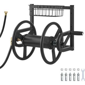 VEVOR Wall Mounted Garden Hose Reel, Holds 125 ft 5/8-inch Hose, Heavy-Duty Water Hose Winder, Space-Saving Design, Outdoor Manual Reel with Brass Fitting and Storage Basket for Yard Lawn(Black)