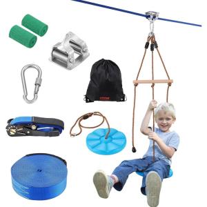 VEVOR Zip line Kits for Backyard，160ft Zip line Kit for Kids and Adult Up to 330 lb, Included Swing Seat, Ziplines Brake, and Steel Trolley, Outdoor Playground Equipment(Blue-52 ft)