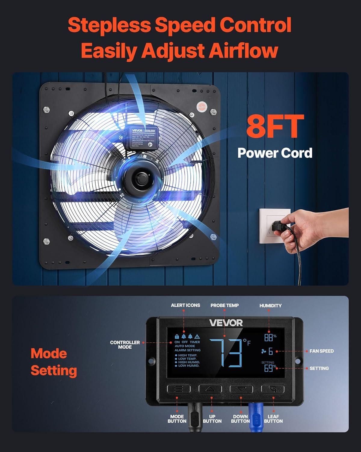 image:imageVEVOR 10 inch Exhaust Fan Wall Mounted Attic Fan with Variable Speed Temperature amp Humidity Controller 1000 CFM Automatic Shutter2025VBlk