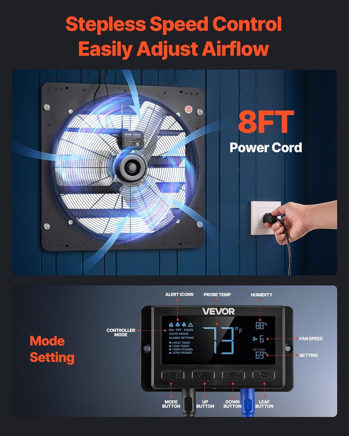 image:imageVEVOR 10 inch Exhaust Fan Wall Mounted Attic Fan with Variable Speed Temperature amp Humidity Controller 1000 CFM Automatic Shutter2025VBlk