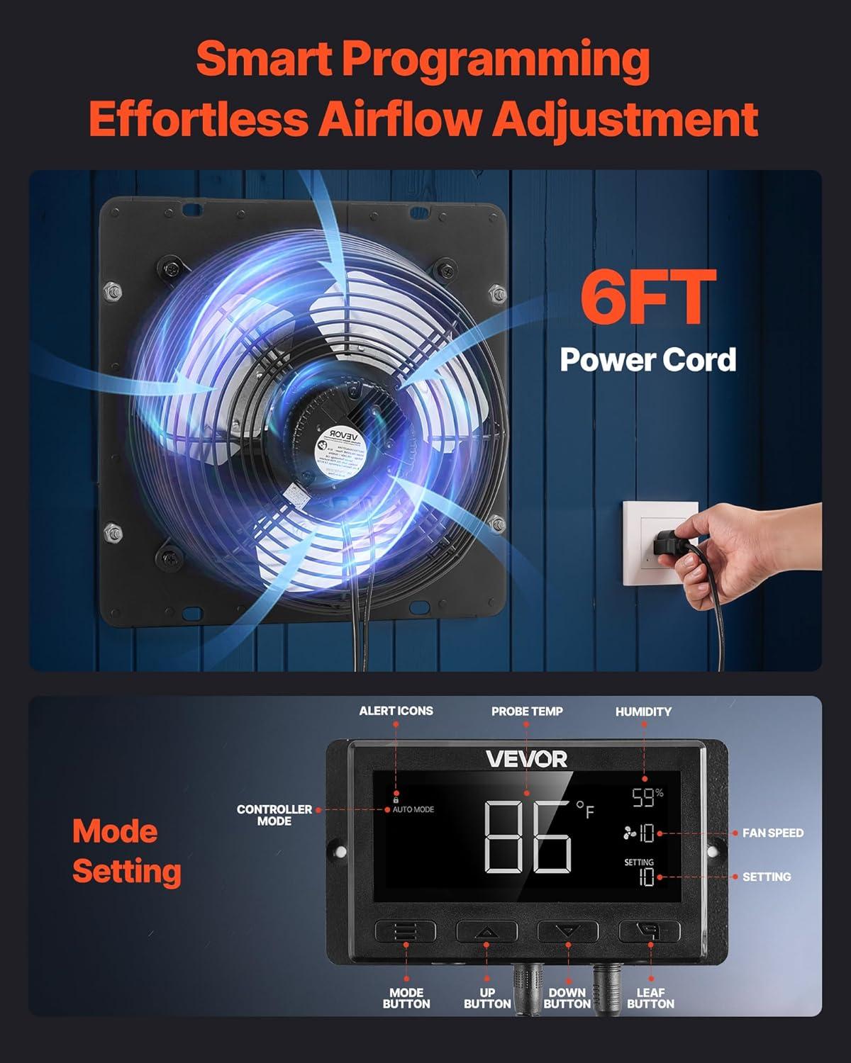 image:imageVEVOR 10 inch Exhaust Fan Wall Mounted Attic Fan with Variable Speed Temperature amp Humidity Controller 1000 CFM Automatic Shutter2025VBlk