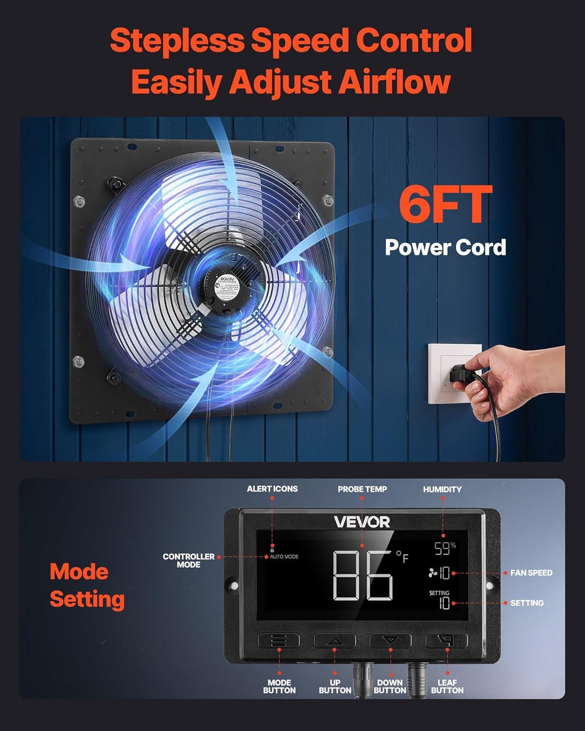 image:imageVEVOR 10 inch Exhaust Fan Wall Mounted Attic Fan with Variable Speed Temperature amp Humidity Controller 1000 CFM Automatic Shutter2025VBlk