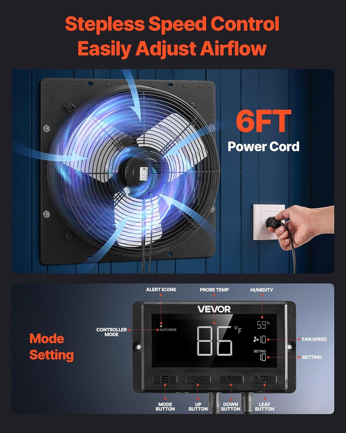 image:imageVEVOR 10 inch Exhaust Fan Wall Mounted Attic Fan with Variable Speed Temperature amp Humidity Controller 1000 CFM Automatic Shutter2025VBlk