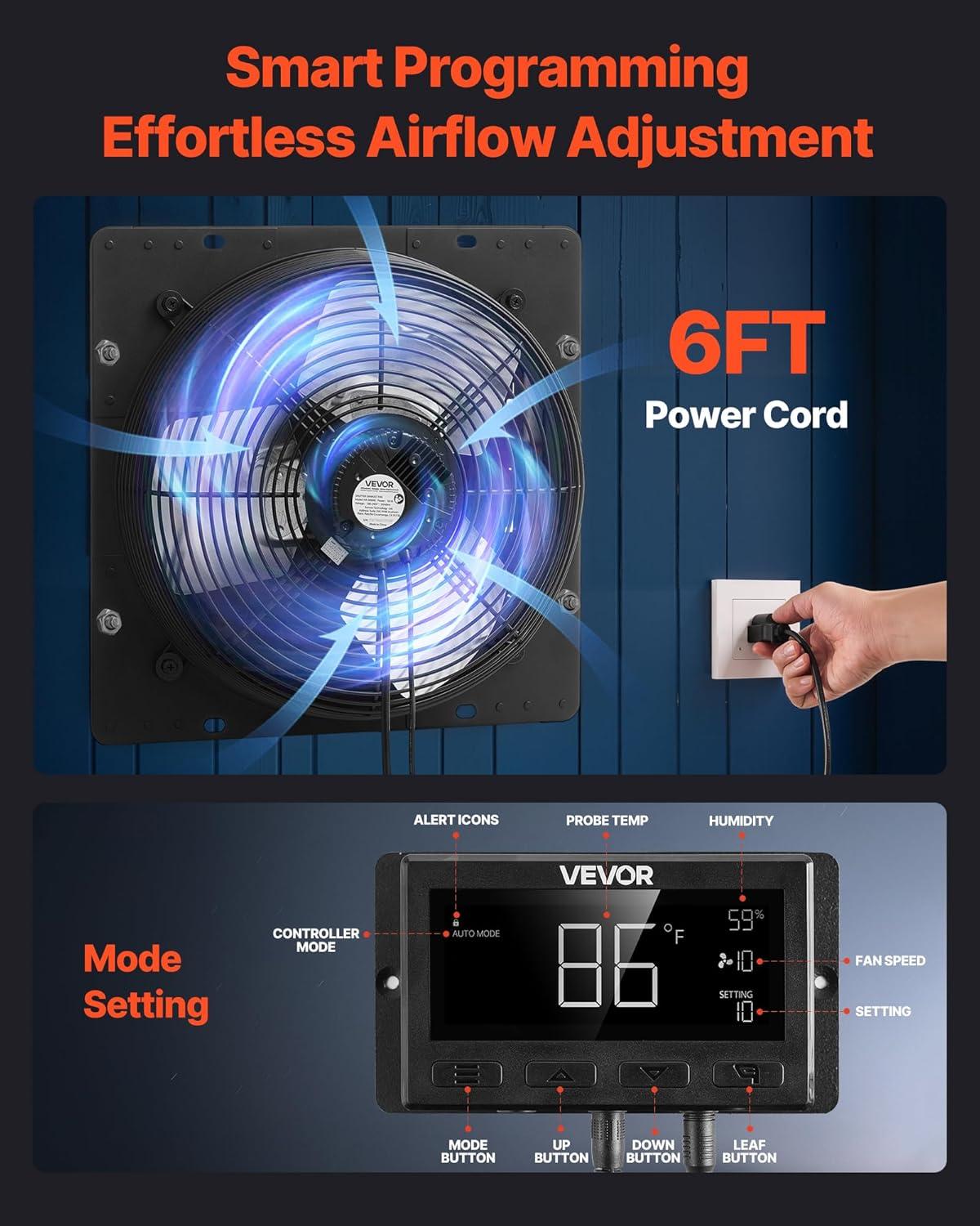 image:imageVEVOR 10 inch Exhaust Fan Wall Mounted Attic Fan with Variable Speed Temperature amp Humidity Controller 1000 CFM Automatic Shutter2025VBlk